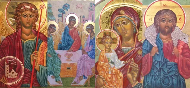 icons by Sandy Lillydahl: The Good Shepherd, Hodegetria, the Trinity, the Archangel Michael as the Patron saint of Grace Episcopal Church in Amherst Massachusetts